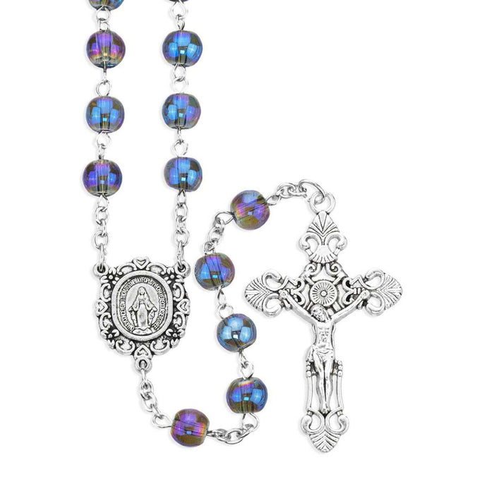 Rosary 8mm Glass Sapphire Aurora Borealis Beads