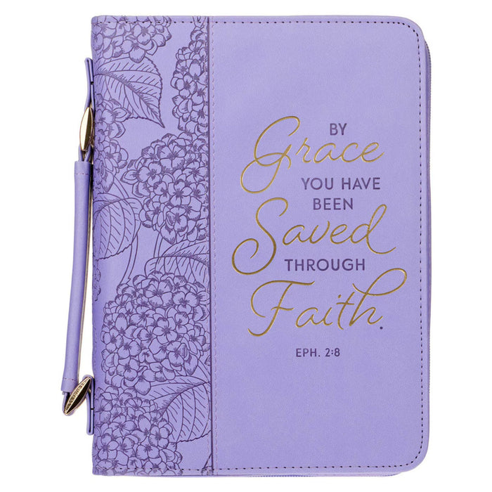 Bible Cover (M) "Saved by Grace" Lavender Faux Leather