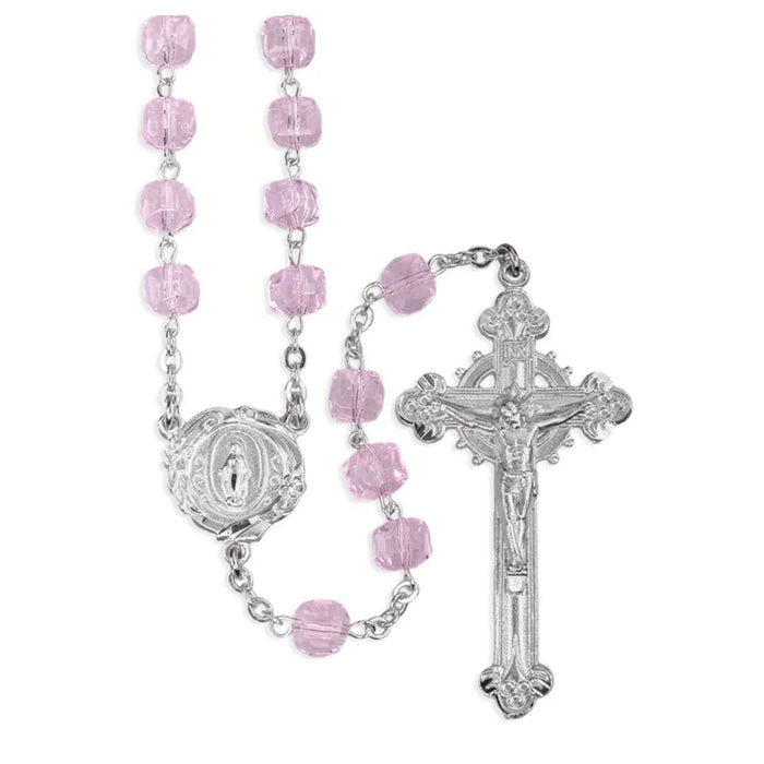 Rosary 8mm Czech Light Rose Crystal Cube Beads