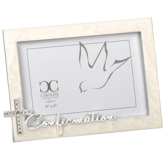 Confirmation Frame White with Crystal Cross 4.75" High