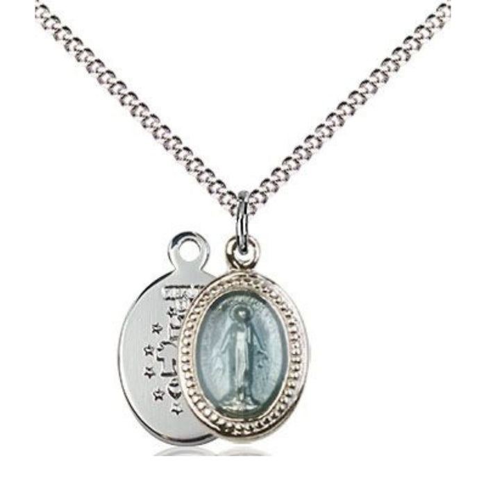 Child Miraculous Medal Sterling Silver with Blue Epoxy on 13" Chain