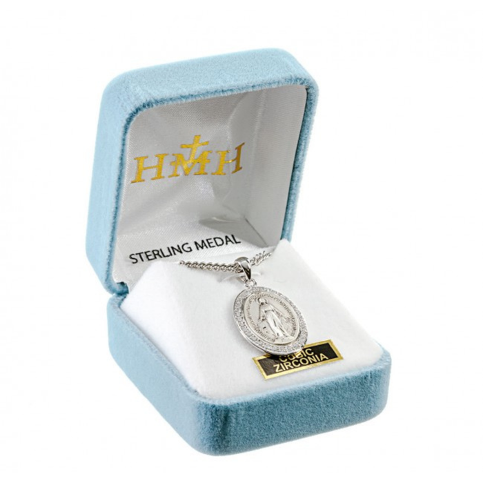 MIRACULOUS MEDAL - 15/16" CRYSTAL CZs ON ROUND SS - 18" CHAIN