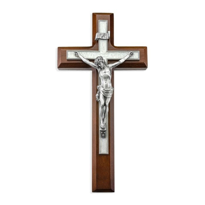 10" Walnut Wood and Pearlized Cross with a Fine Pewter Corpus