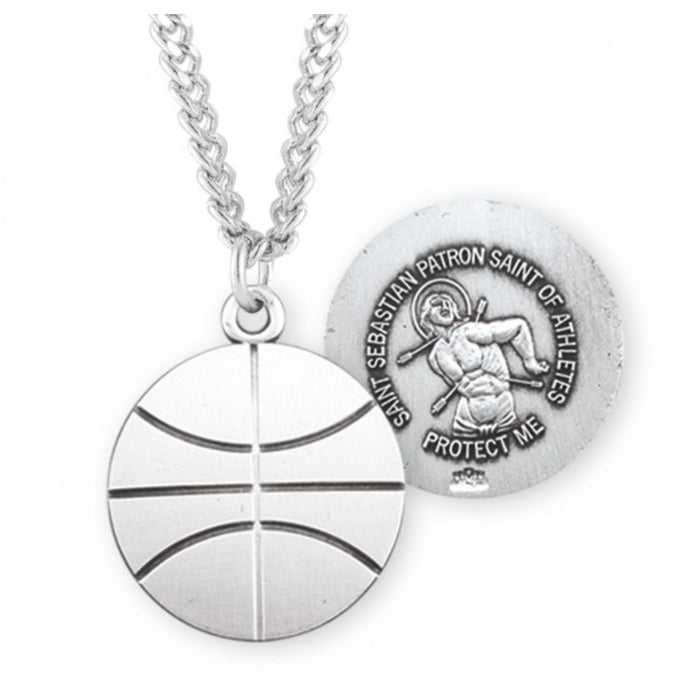 Basketball Sterling Silver Medal with St Sebastian on 24" Chain