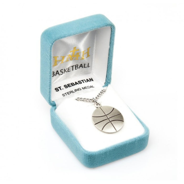 Basketball Sterling Silver Medal with St Sebastian on 24" Chain