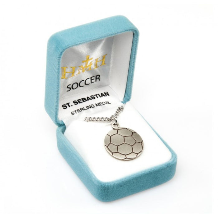 Soccer Sterling Silver Medal with St Sebastian on 24" Chain