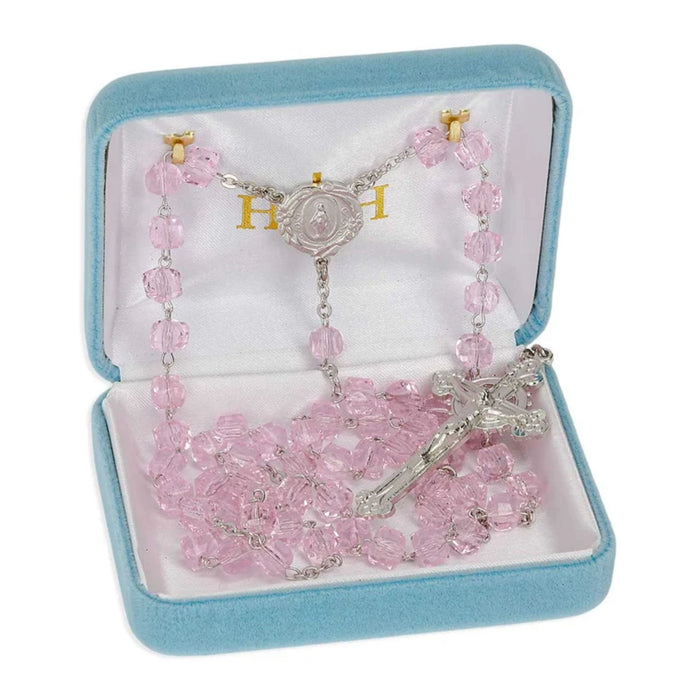 Rosary 8mm Czech Light Rose Crystal Cube Beads
