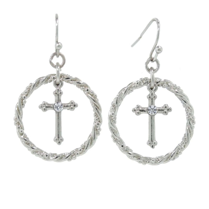 Suspended Crystal Accent Cross Silver Rope Hoop Drop Earrings