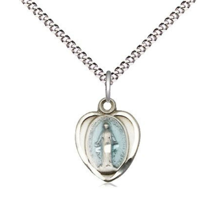 Miraculous Medal Sterling Silver Heart with Blue Epoxy on 18" Chain