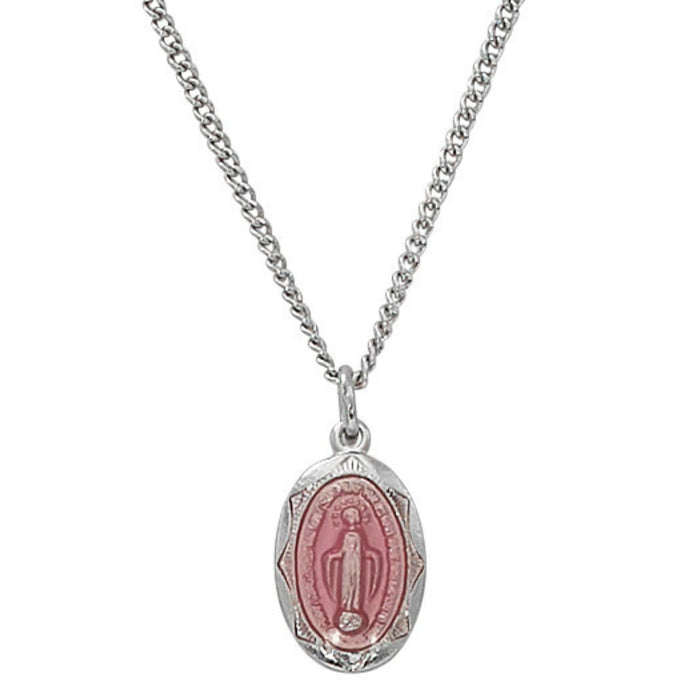 Child's Miraculous Medal Pink Enamel Sterling Silver on 13" Chain