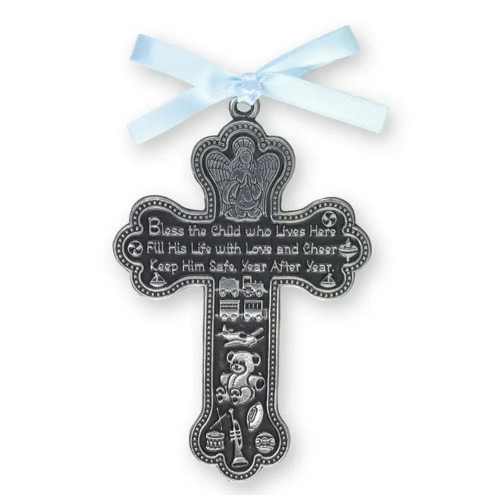 Crib medal "Bless This Child" 3" Pewter with Blue Ribbon