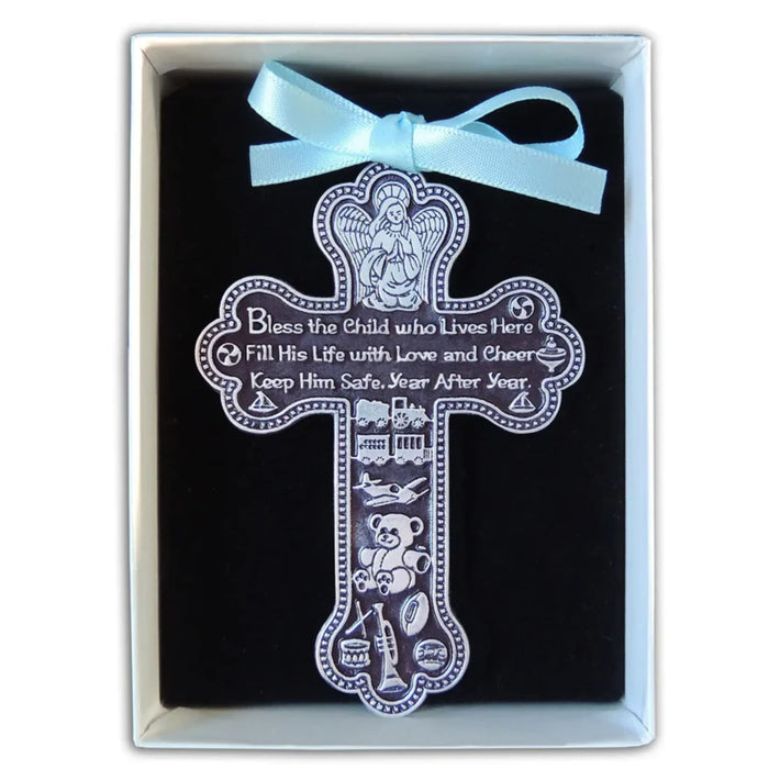 Crib medal "Bless This Child" 3" Pewter with Blue Ribbon
