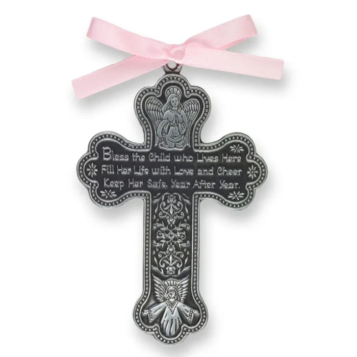 Crib medal "Bless This Child" 3" Pewter with Pink Ribbon