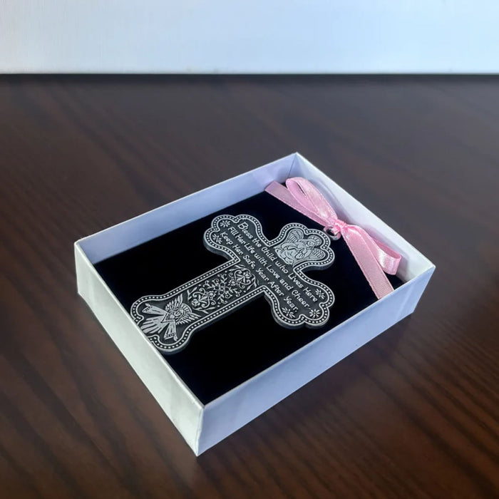 Crib medal "Bless This Child" 3" Pewter with Pink Ribbon