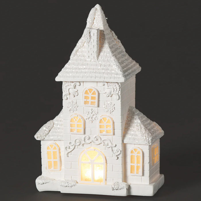 Christmas Lighted Church 8" White Resin
