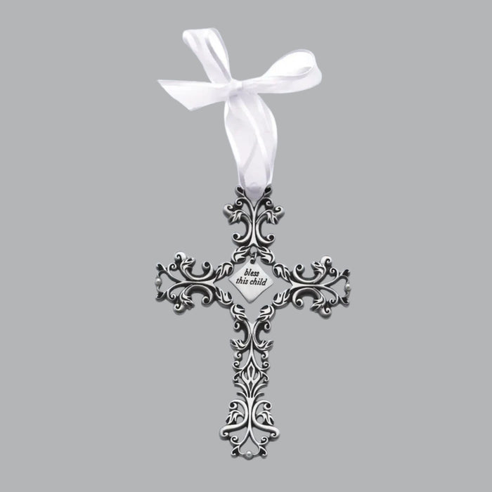 Baptism Bless This Child Cross Filigree design with White Ribbon