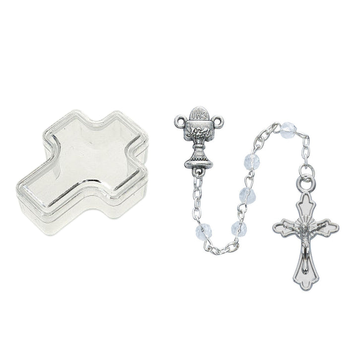 First Communion Rosary 4mm Clear Beads in Clear Cross Box