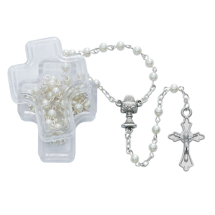 First Communion Rosary 4mm White Pearl Beads in Clear Cross Box