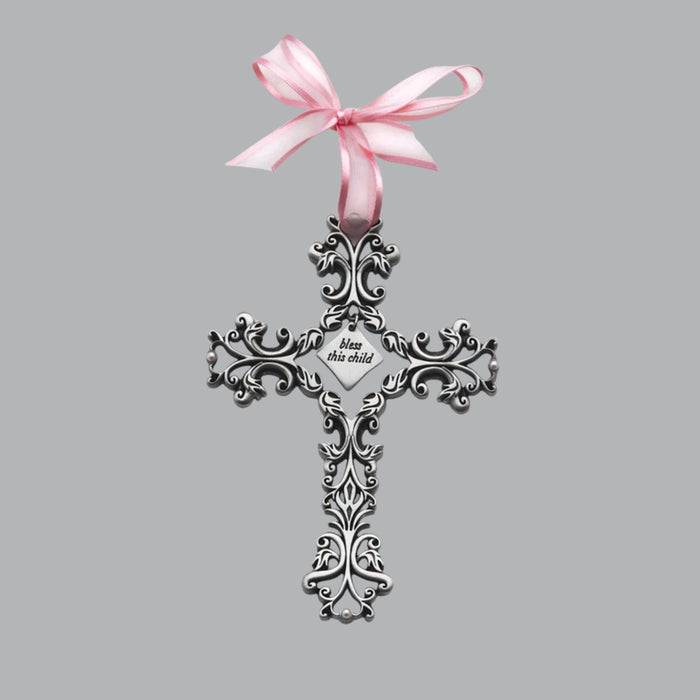 Baptism Bless This Child Cross Filigree design with Pink Ribbon