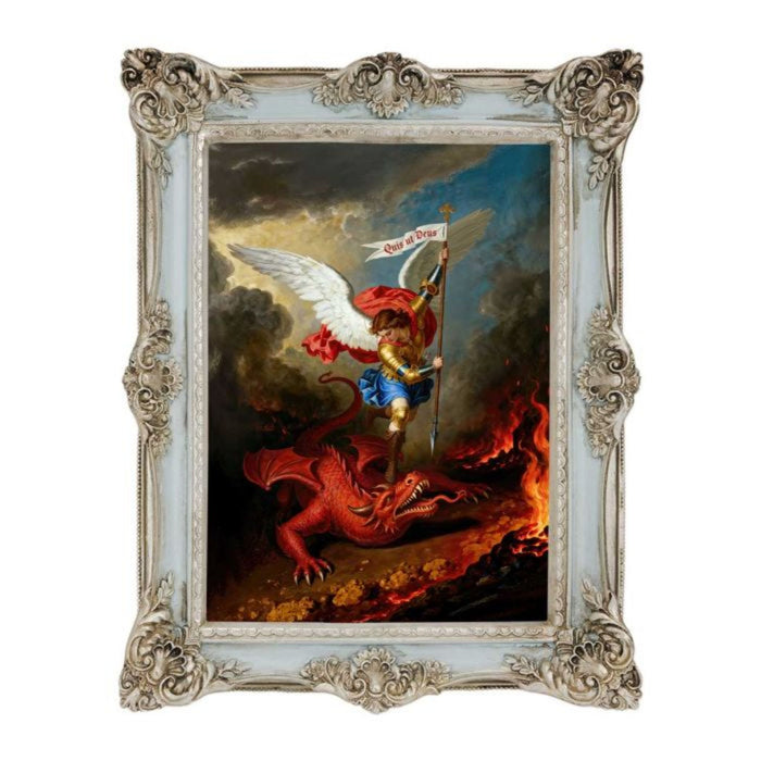 St. Michael Defeating the Dragon 6 3/4" x 8 3/4" Powder Blue and Silver Frame