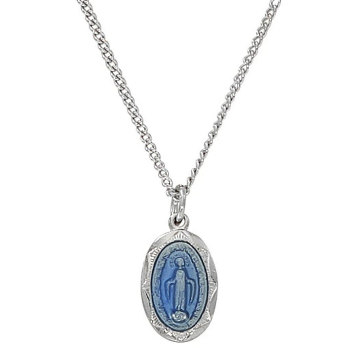 Child's Miraculous Medal Blue Enamel Sterling Silver on 13" Chain