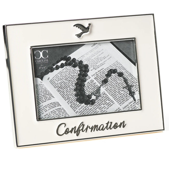 Confirmation Frame White with Silver Dove 6.25" High