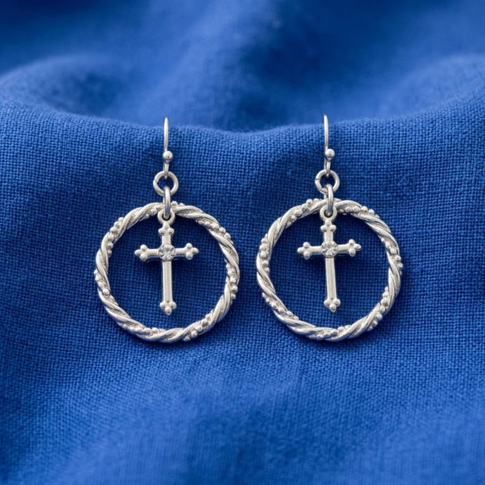 Suspended Crystal Accent Cross Silver Rope Hoop Drop Earrings