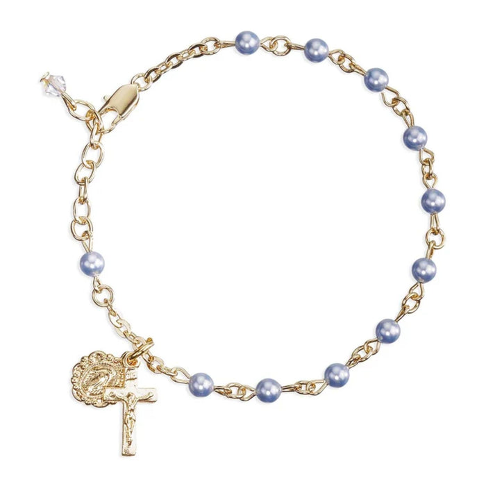 Child Rosary Bracelet 4mm Blue Imitation Pearl Gold Plated