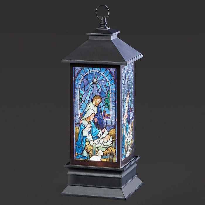 Lantern Stain Glass Nativity Scene 10.5" Lighted Snow Globe