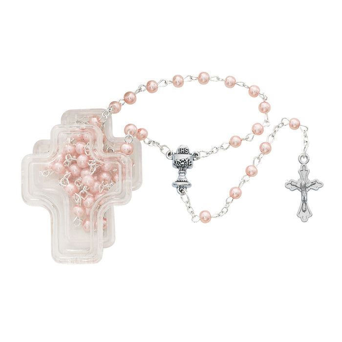 First Communion Rosary 4mm Pink Pearl Beads in Clear Cross Box