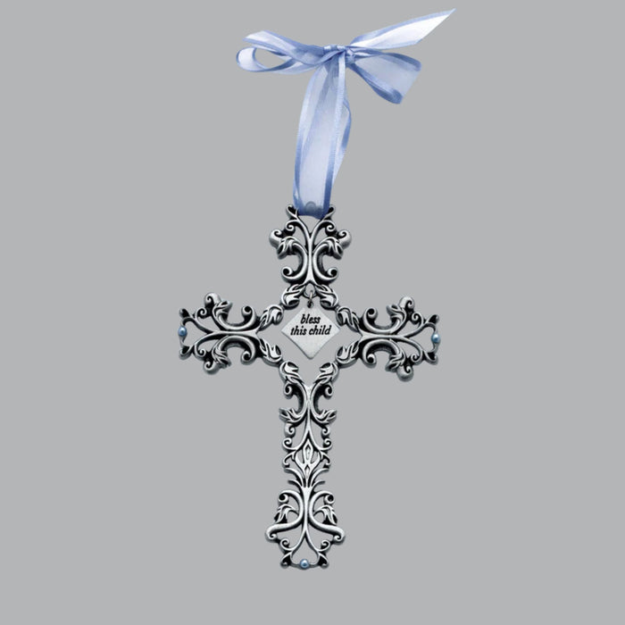 Baptism "Bless This Child" Cross Filigree design with Blue Ribbon