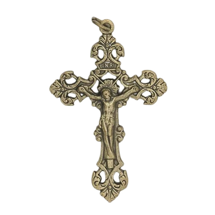Crucifix Medal Brass Tone Deluxe Fleur di Lis