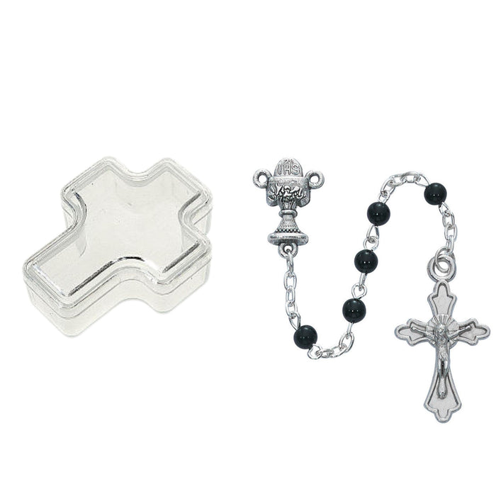 First Communion Rosary 4mm Black Beads in Clear Cross Box