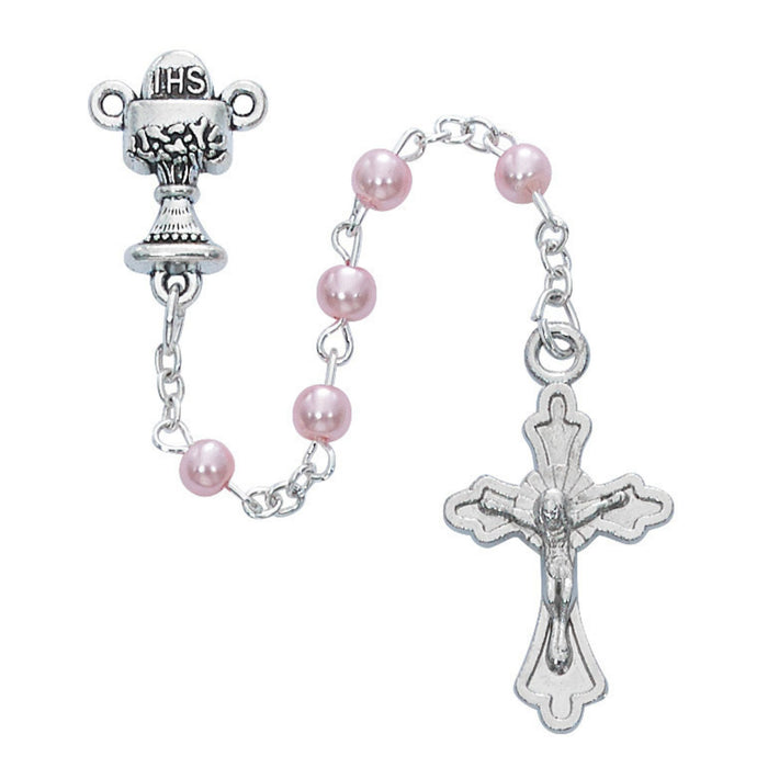 First Communion Rosary 4mm Pink Pearl Beads in Clear Cross Box