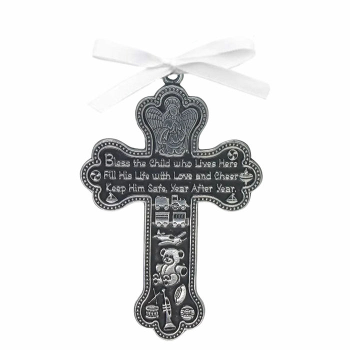 Crib medal "Guardian Angels" 3" Pewter with White Ribbon