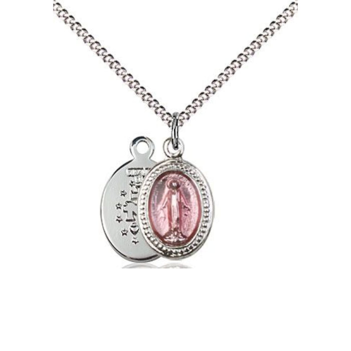 Child Miraculous Medal Sterling Silver with Pink Epoxy on 13" Chain
