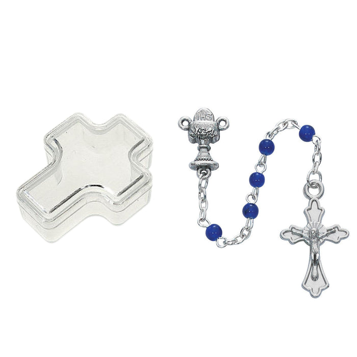 First Communion Rosary 4mm Blue Beads in Clear Cross Box