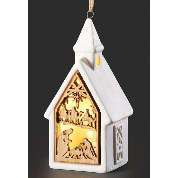 Ornament Lighted Church with Nativity Scene Assorted