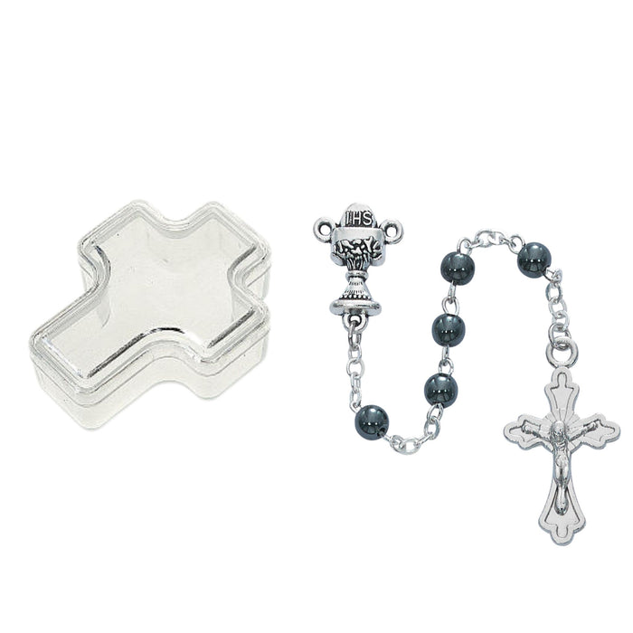 First Communion Rosary 4mm Hematite Beads in Clear Cross Box
