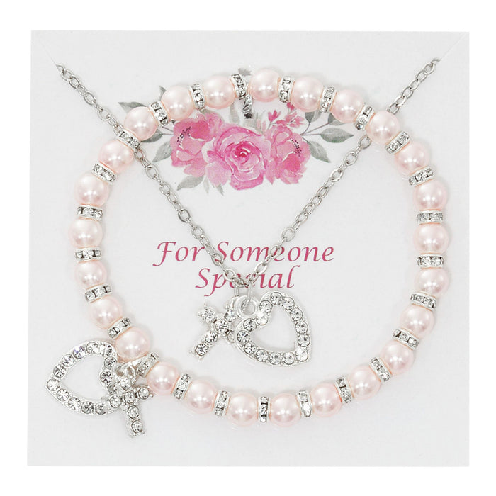 Heart Pendant and Pink Pearl Bracelet Set 16-18" Chain