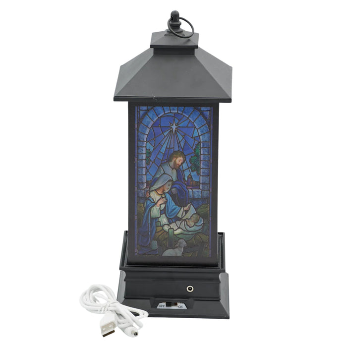 Lantern Stain Glass Nativity Scene 10.5" Lighted Snow Globe