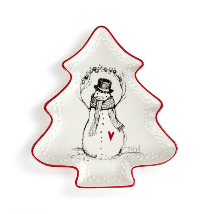 Snowman Red Heart Mini Ceramic Tree Shaped Dish