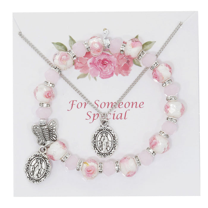 Miraculous Medal and Pink Bracelet Set 16-18" Chain