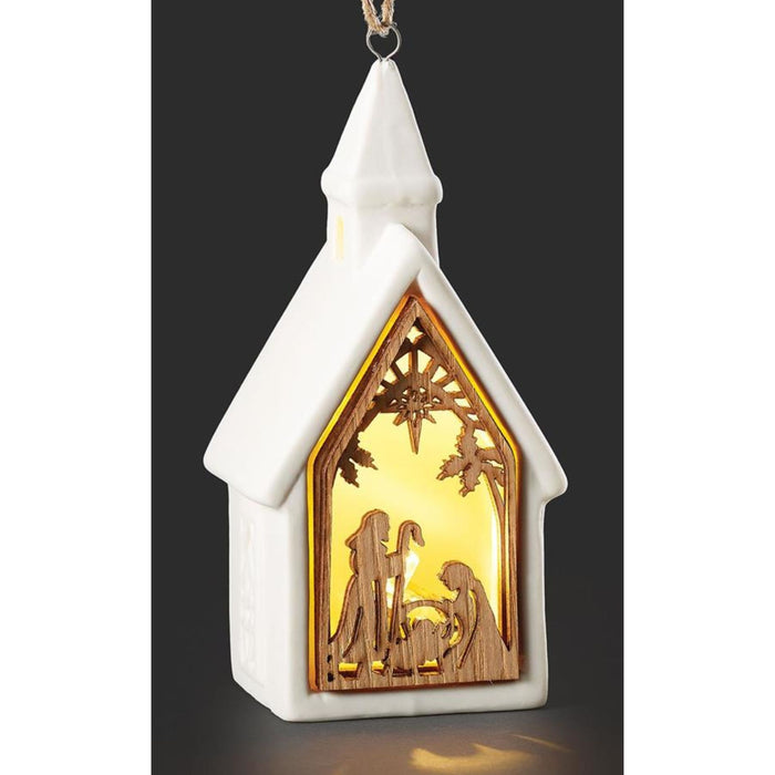 Ornament Lighted Church with Nativity Scene Assorted