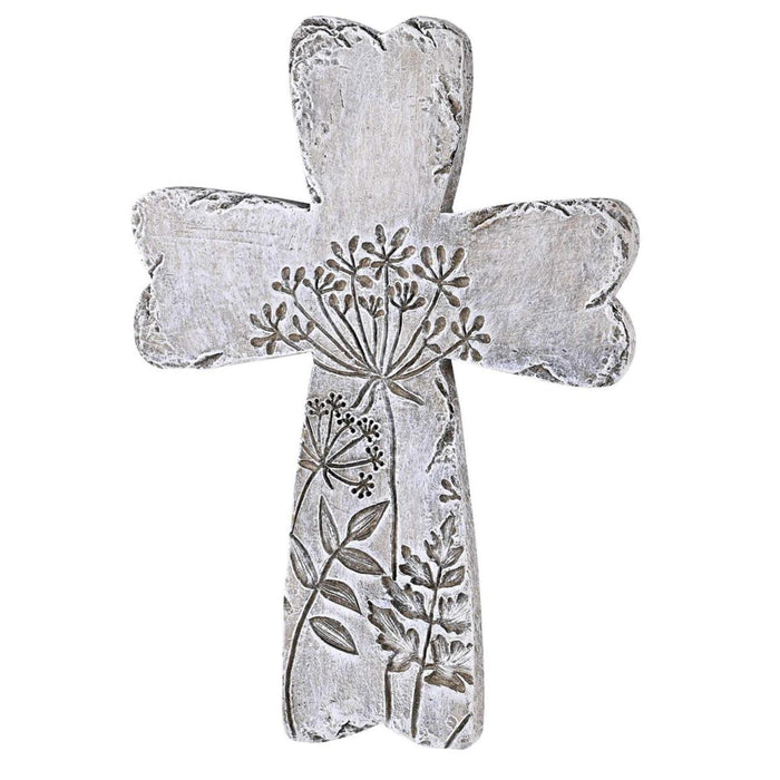 Wall Cross 5.75" High Gray Wash Look with Floral Accents