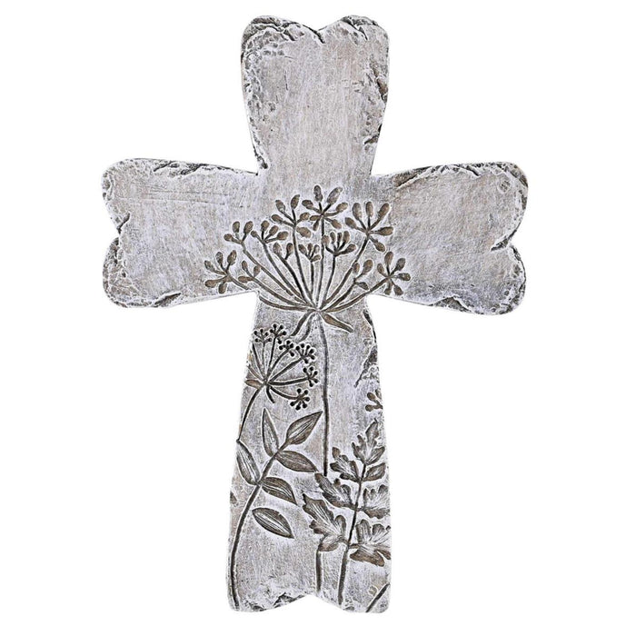 Wall Cross 5.75" High Gray Wash Look with Floral Accents