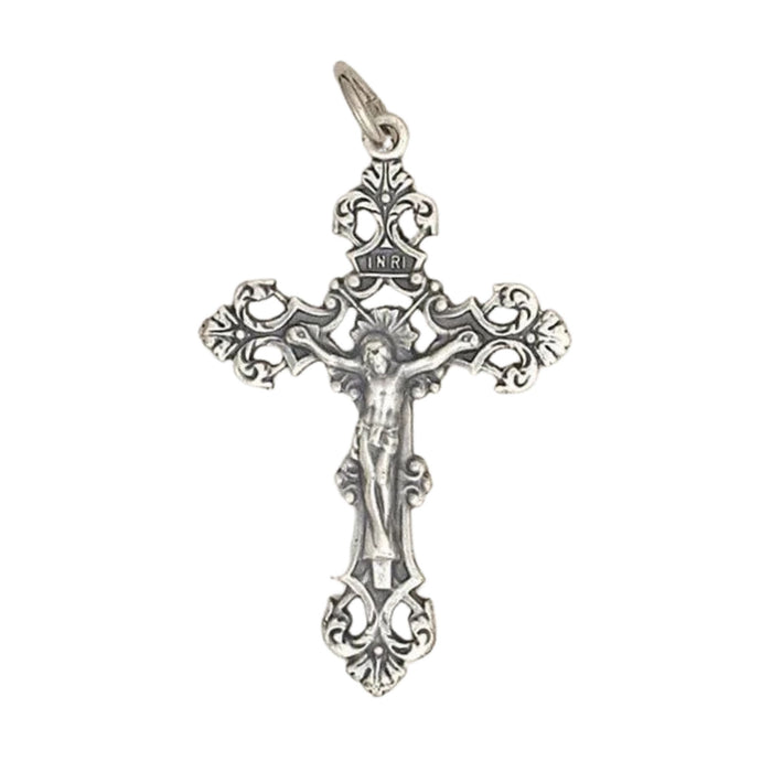 Crucifix Medal 1.75" Fleur Di Lis Sliver Tone