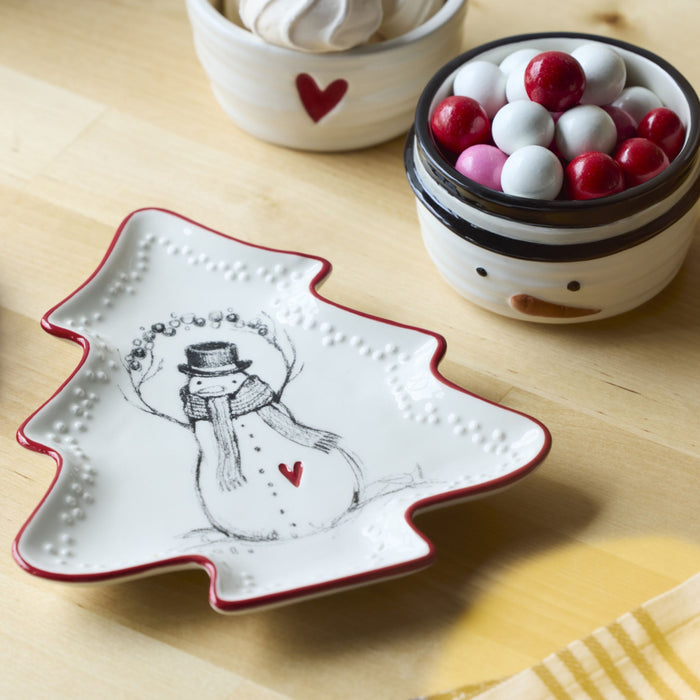 Snowman Red Heart Mini Ceramic Tree Shaped Dish