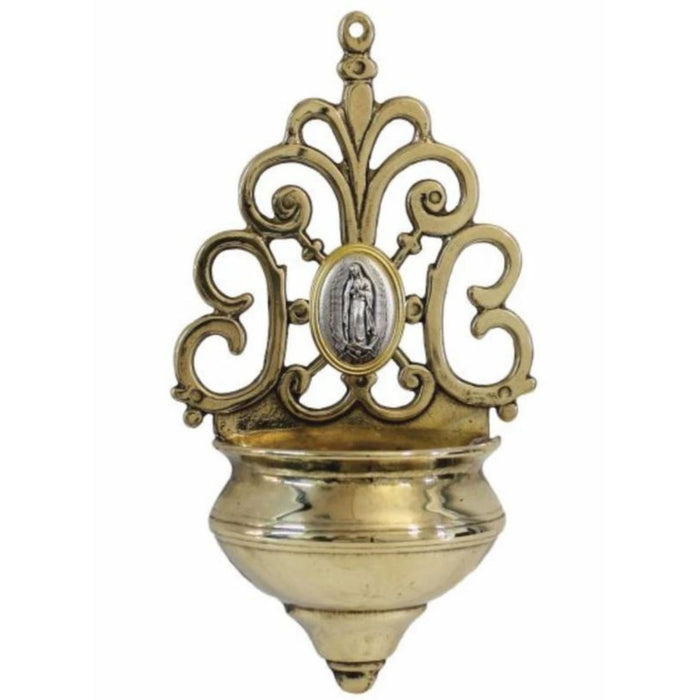 Holy Water Font in Shiny Brass with Gold Trim Our Lady of Guadalupe Medal