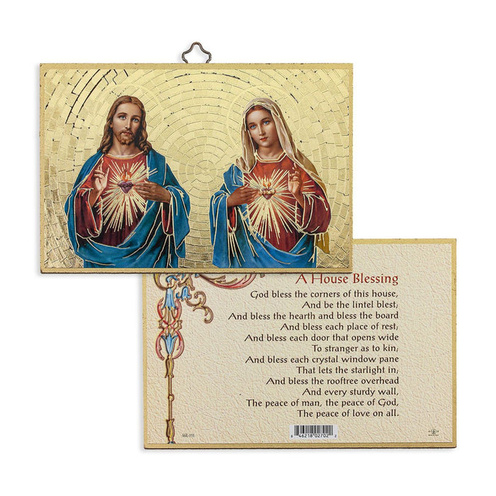 Sacred Hearts with House Blessing 4" x 6"  Gold Foil Mosaic Plaque